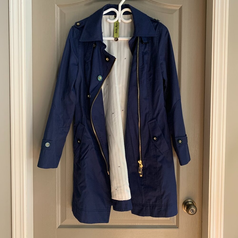 navy asymmetrical zip up jacket nautical chic collegiate old money minimal